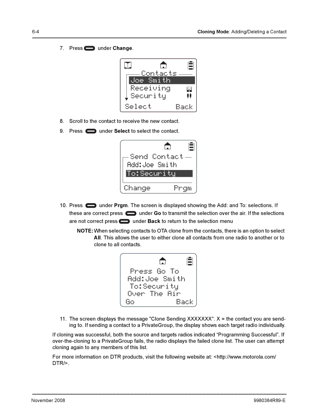 Motorola DTR410 manual Cloning Mode Adding/Deleting a Contact 