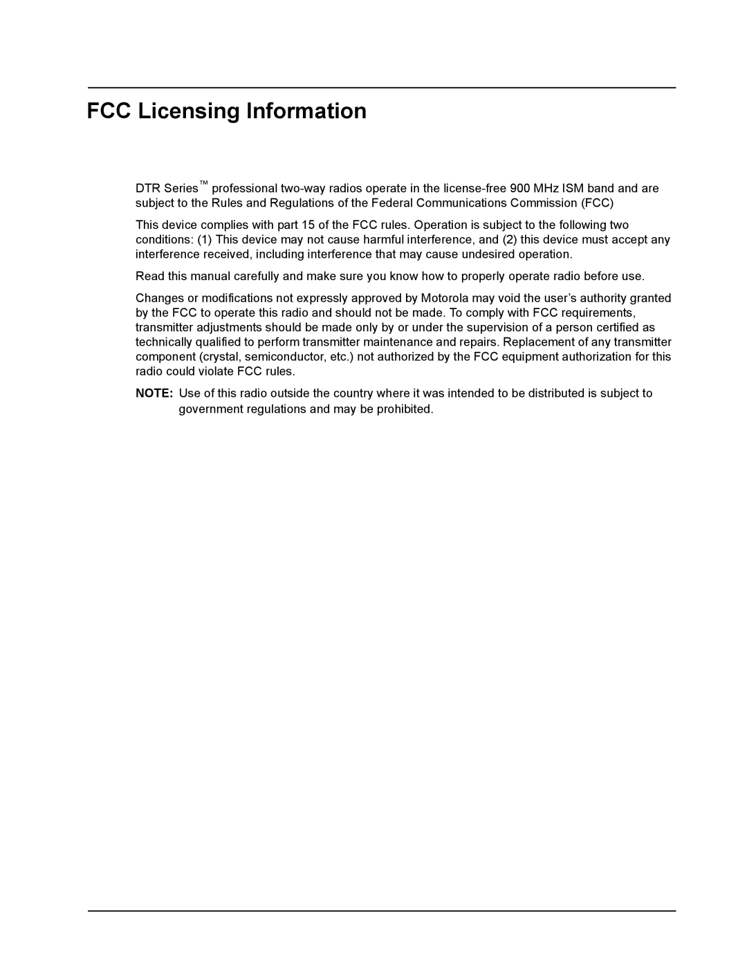 Motorola DTR410 manual FCC Licensing Information 