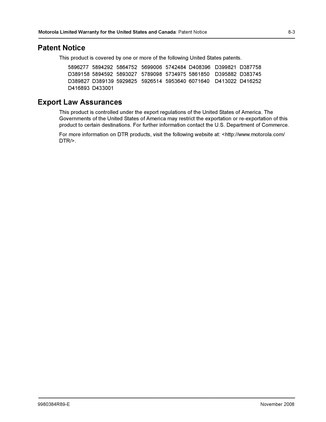 Motorola DTR410 manual Patent Notice, Export Law Assurances 