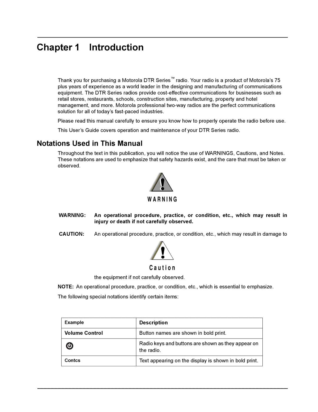 Motorola DTR410 manual Introduction, Notations Used in This Manual, Description Volume Control 