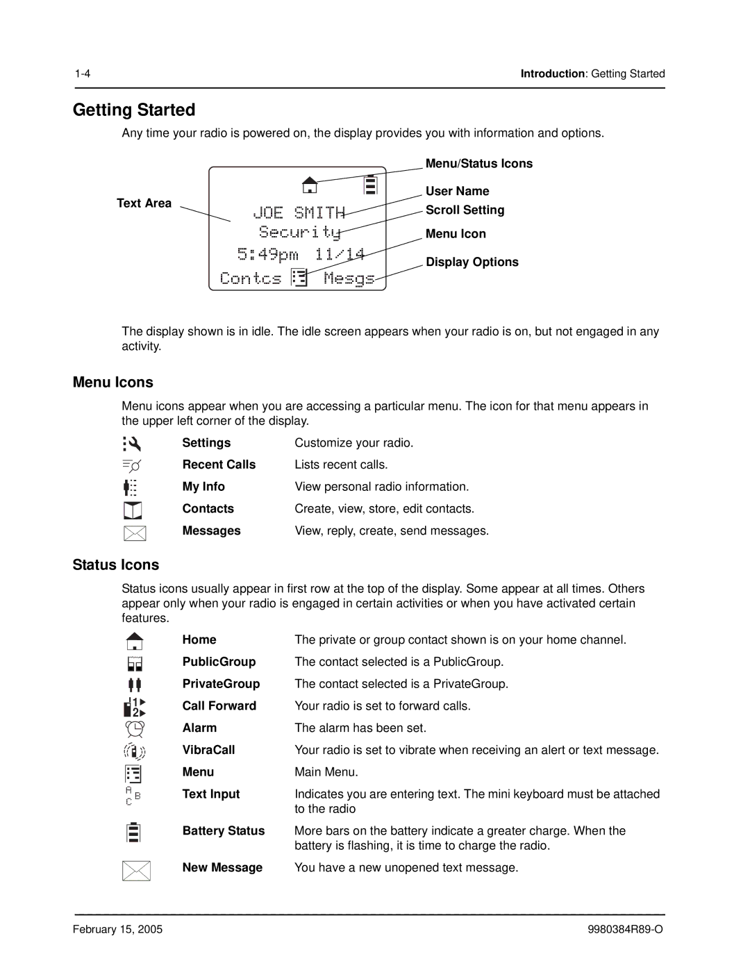 Motorola DTR550, DTR650 manual Getting Started, Menu Icons, Status Icons 