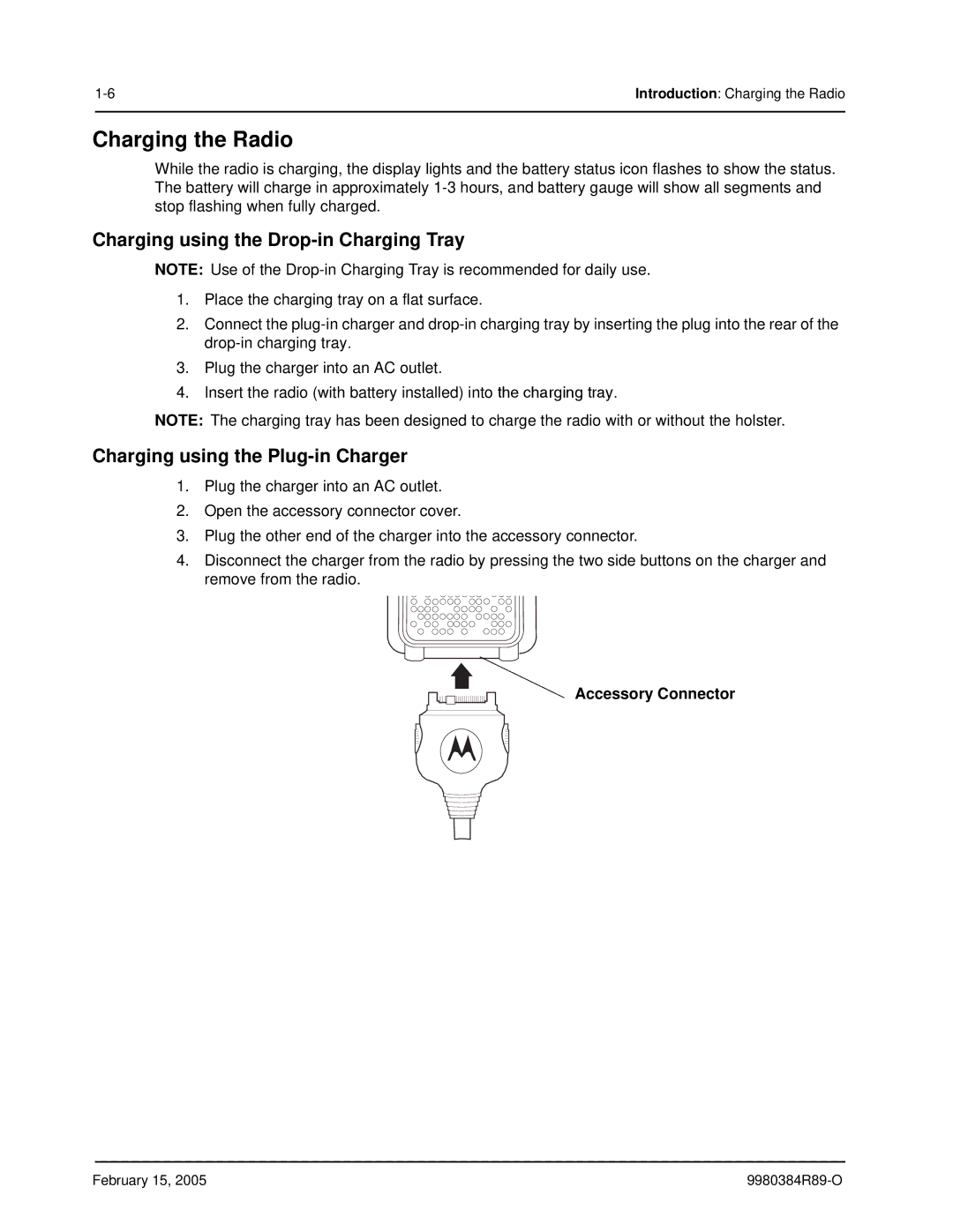 Motorola DTR550, DTR650 Charging the Radio, Charging using the Drop-in Charging Tray, Charging using the Plug-in Charger 