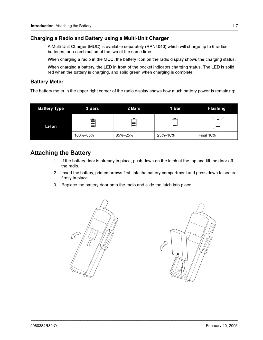 Motorola DTR650, DTR550 manual Attaching the Battery, Charging a Radio and Battery using a Multi-Unit Charger, Battery Meter 