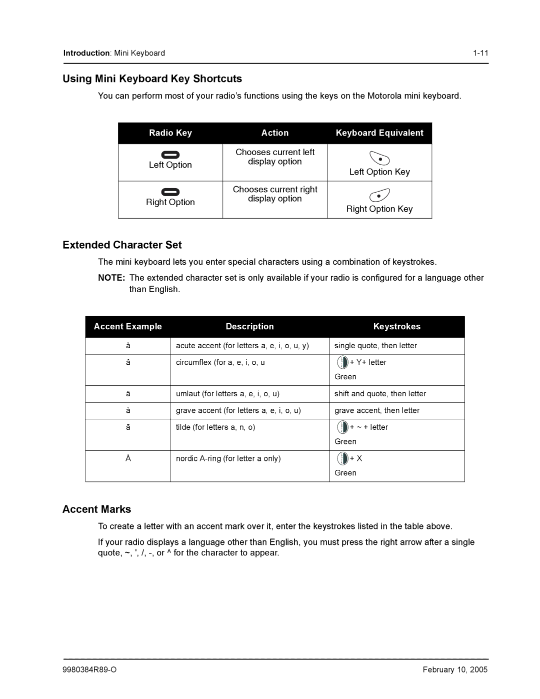 Motorola DTR650, DTR550 manual Using Mini Keyboard Key Shortcuts, Extended Character Set, Accent Marks 