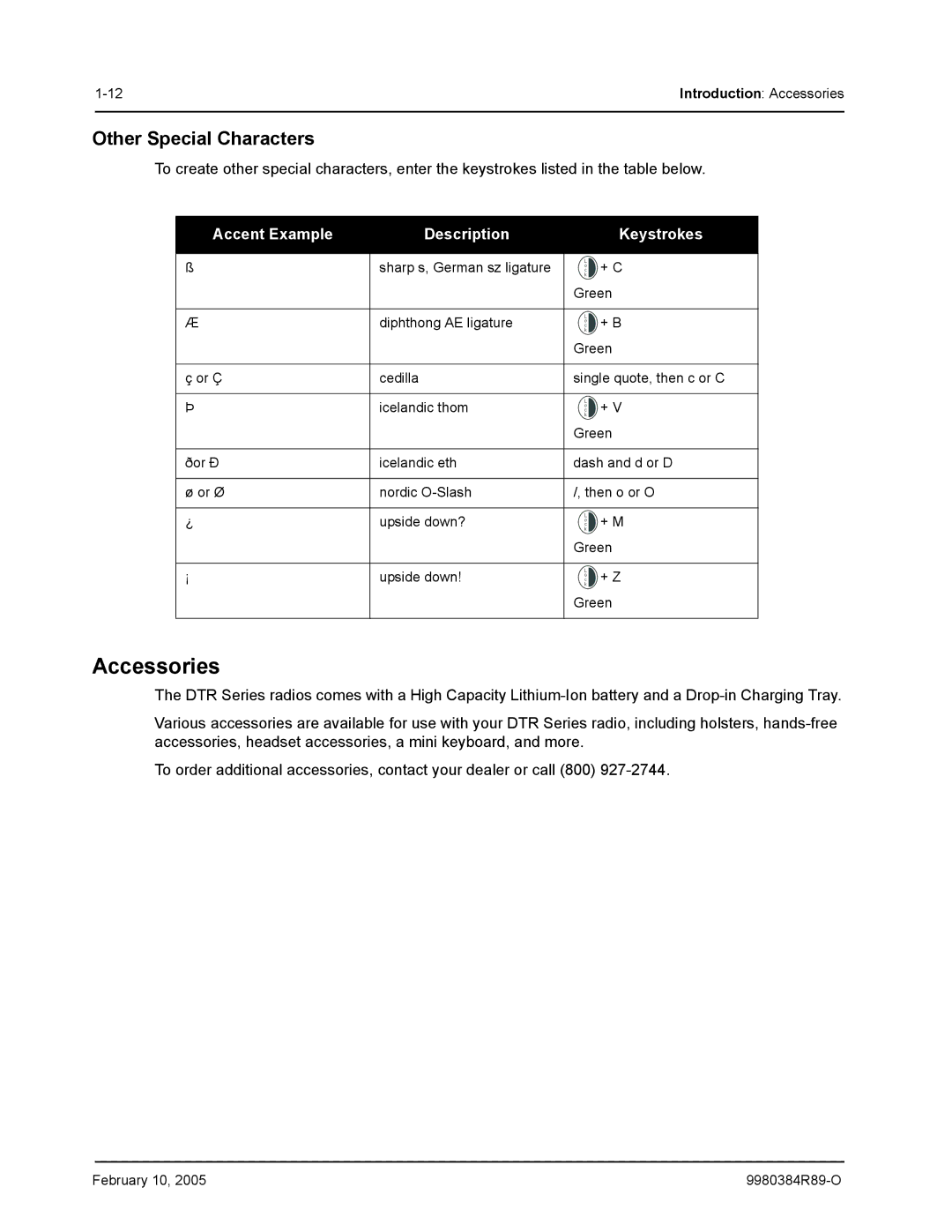 Motorola DTR550, DTR650 manual Accessories, Other Special Characters 