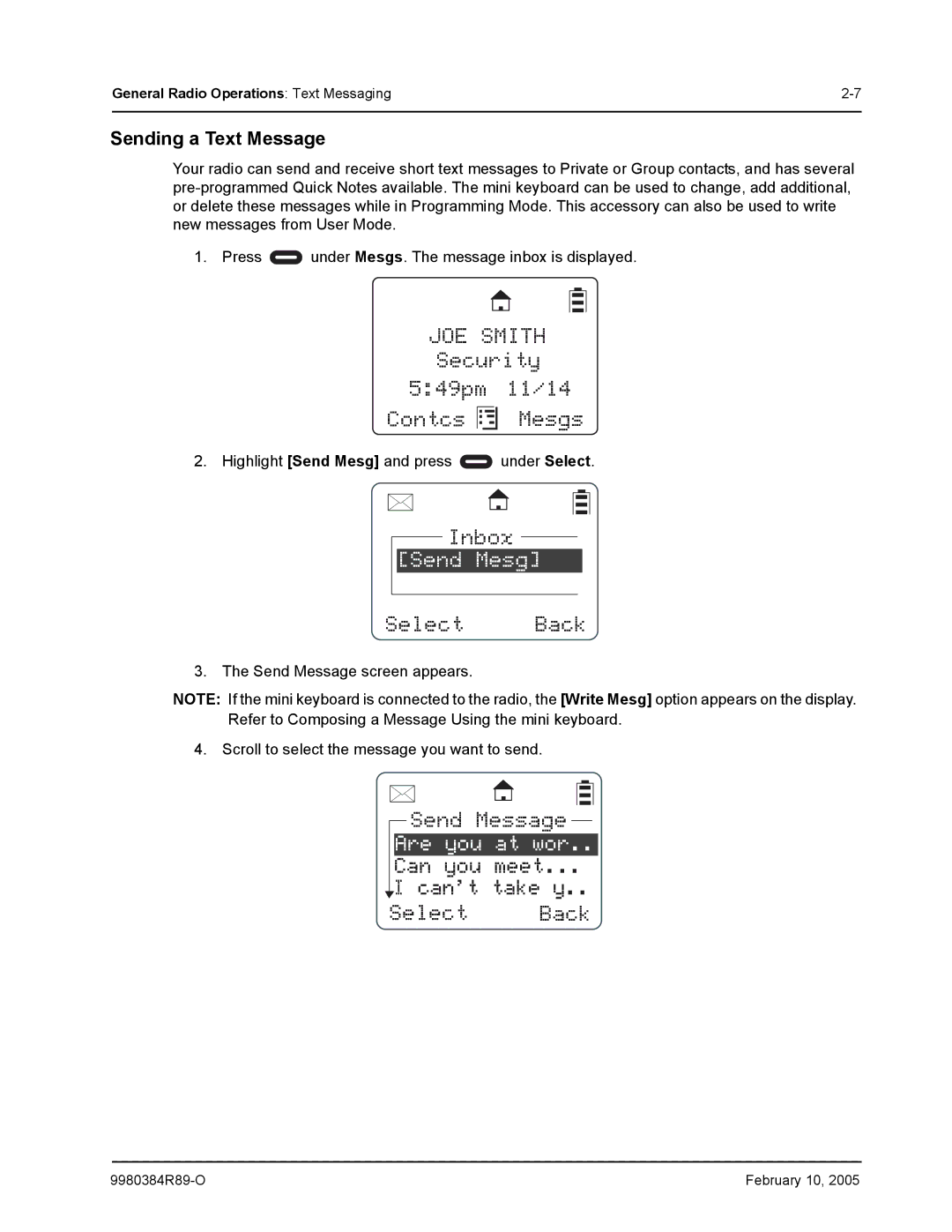 Motorola DTR650, DTR550 manual Send Mesg, Sending a Text Message 