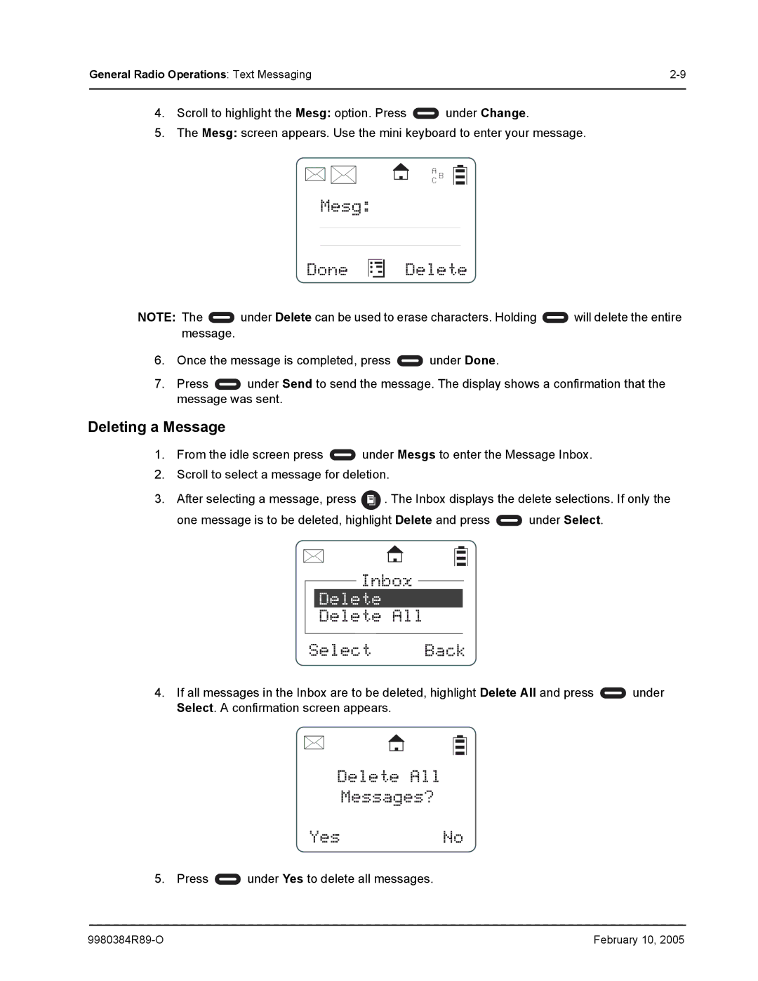 Motorola DTR650, DTR550 manual Mesg Done Delete, Delete All Select Back, Delete All Messages? Yes No, Deleting a Message 