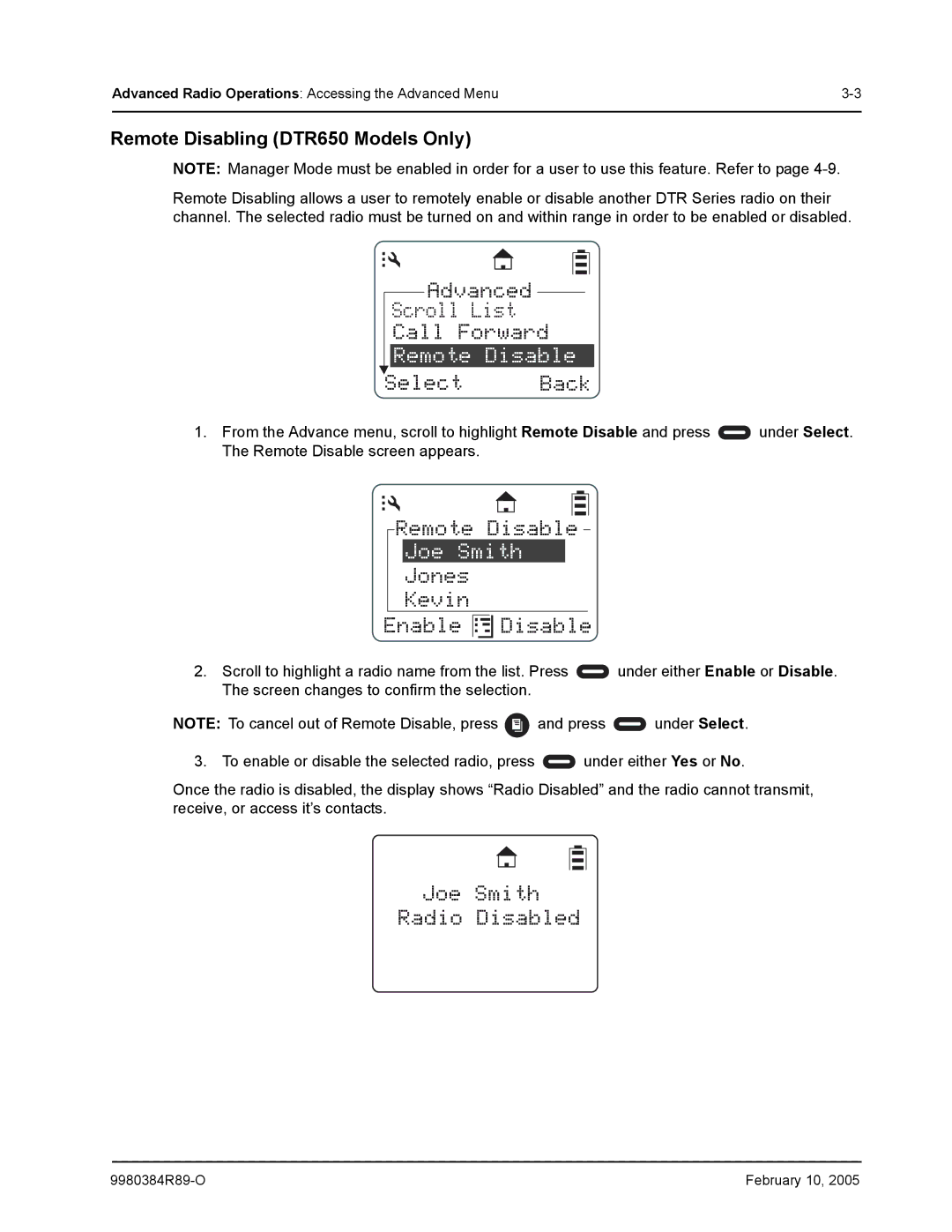 Motorola DTR650 Advanced Scroll List Call Forward, Remote Disable, Jones Kevin Enable Disable, Joe Smith Radio Disabled 