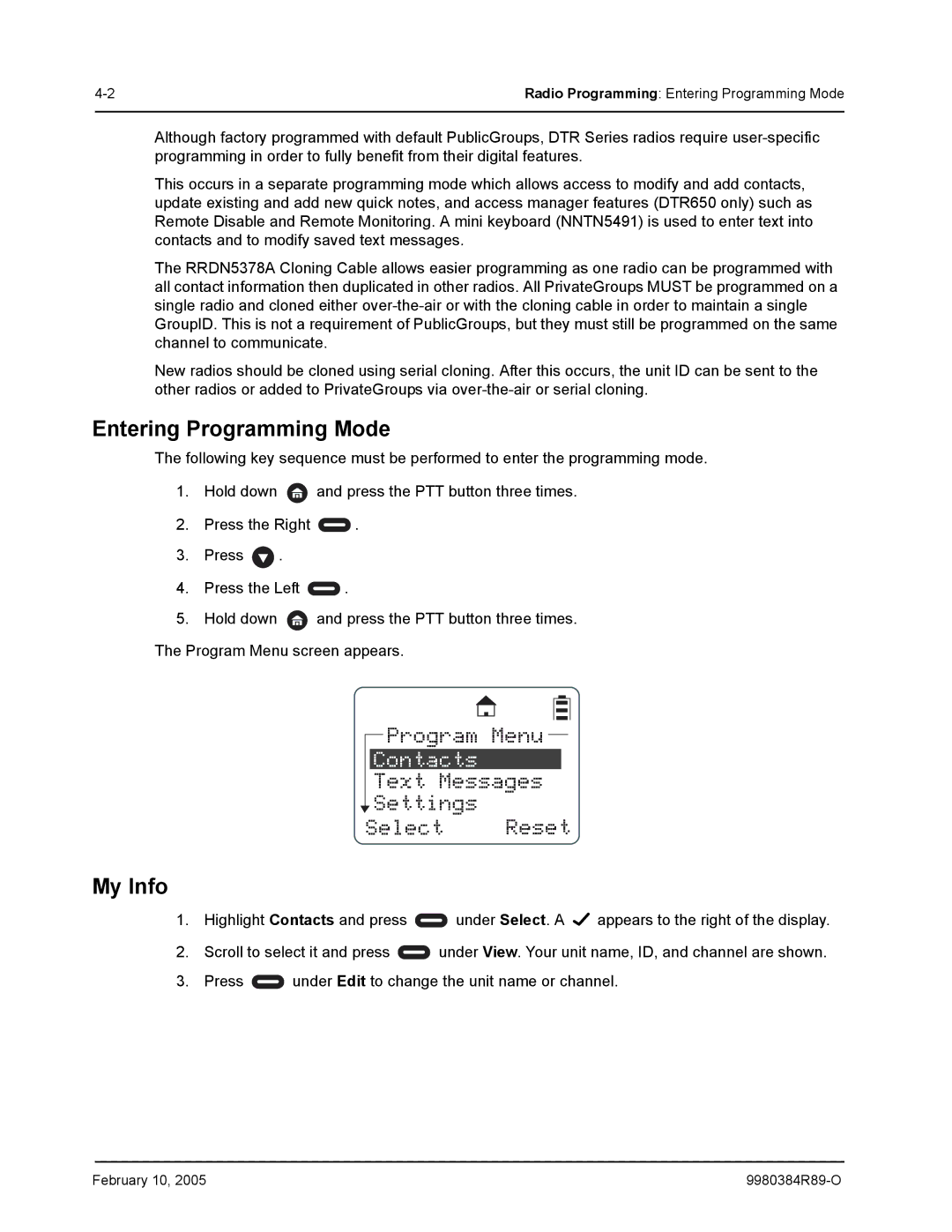 Motorola DTR550, DTR650 manual Program Menu, Contacts, Text Messages Settings Select Reset, Entering Programming Mode 