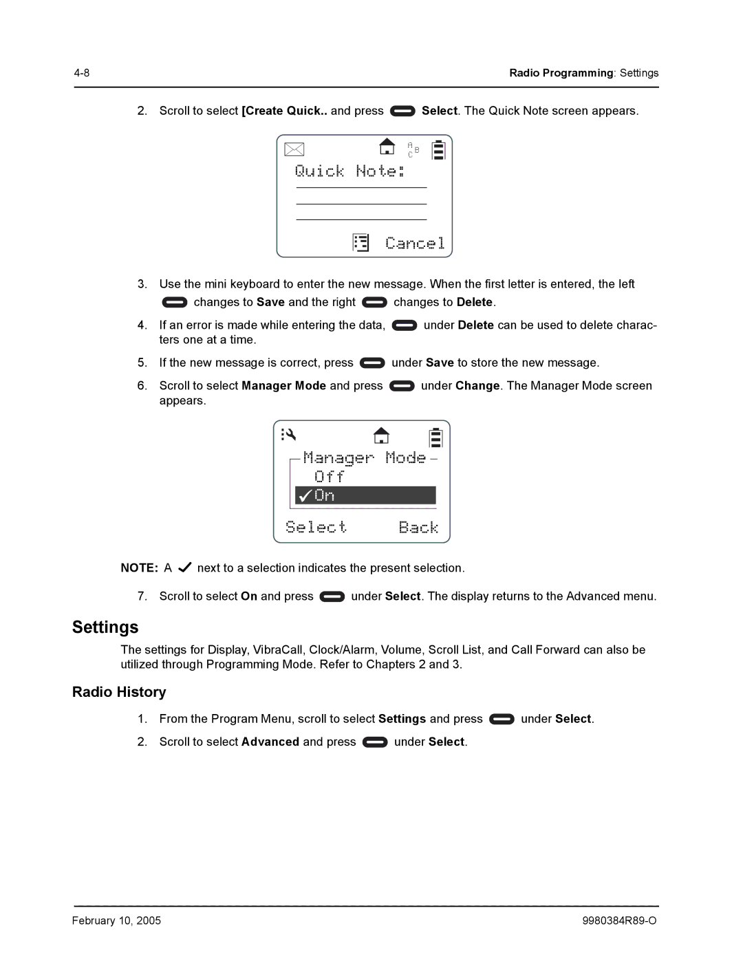 Motorola DTR550, DTR650 manual Quick Note Cancel, Manager Mode Off Select Back, Radio History 