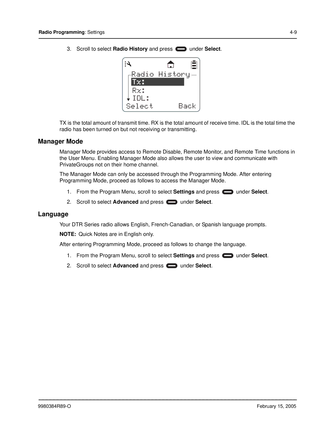 Motorola DTR650, DTR550 manual Manager Mode, Language 