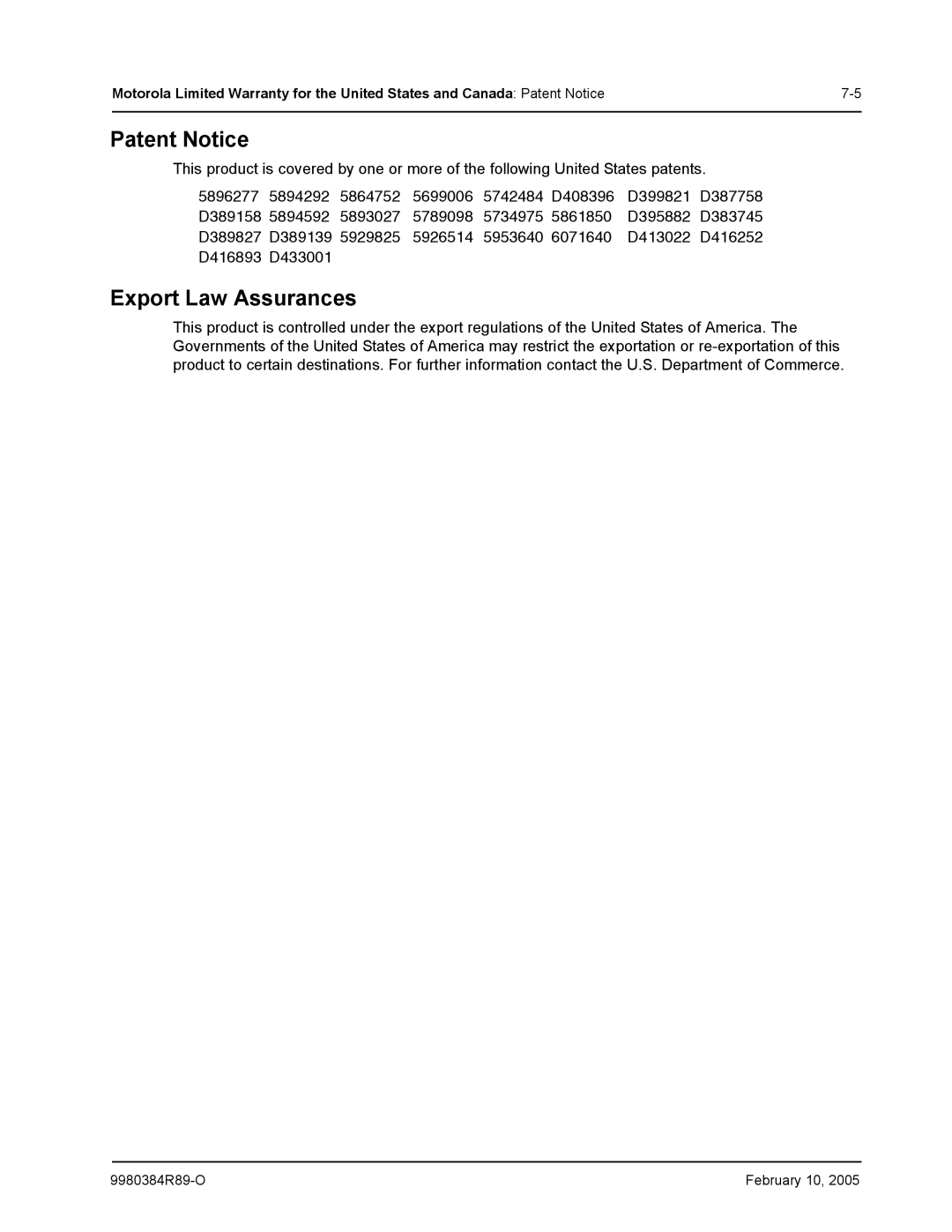 Motorola DTR650, DTR550 manual Patent Notice, Export Law Assurances 