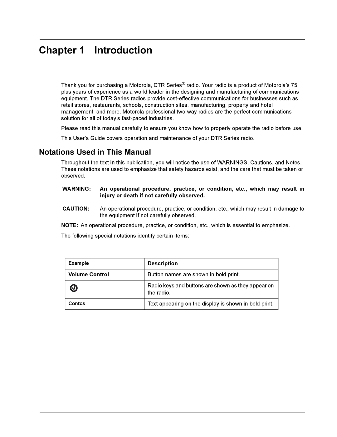 Motorola DTR650, DTR550 manual Introduction, Notations Used in This Manual, Description, Volume Control 