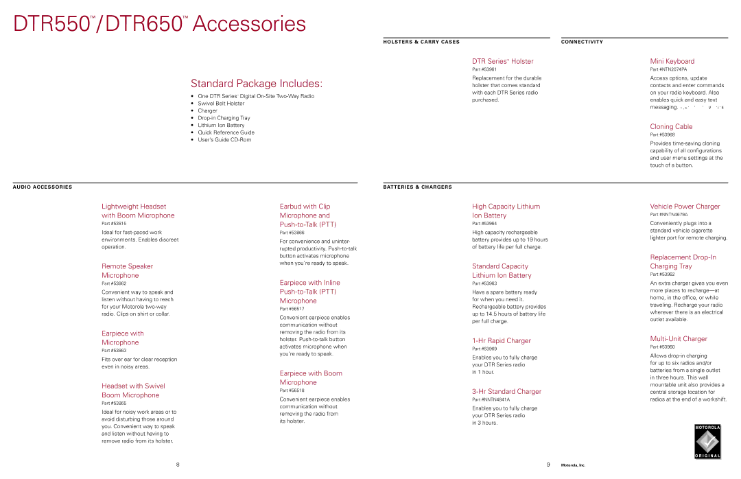 Motorola manual DTR550 /DTR650 Accessories, Standard Package Includes 