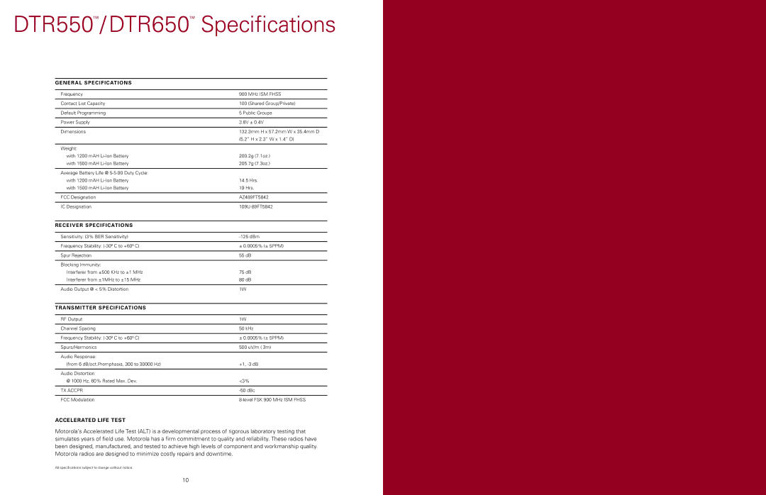 Motorola manual DTR550 / DTR650 Speciﬁcations, General Specifications 