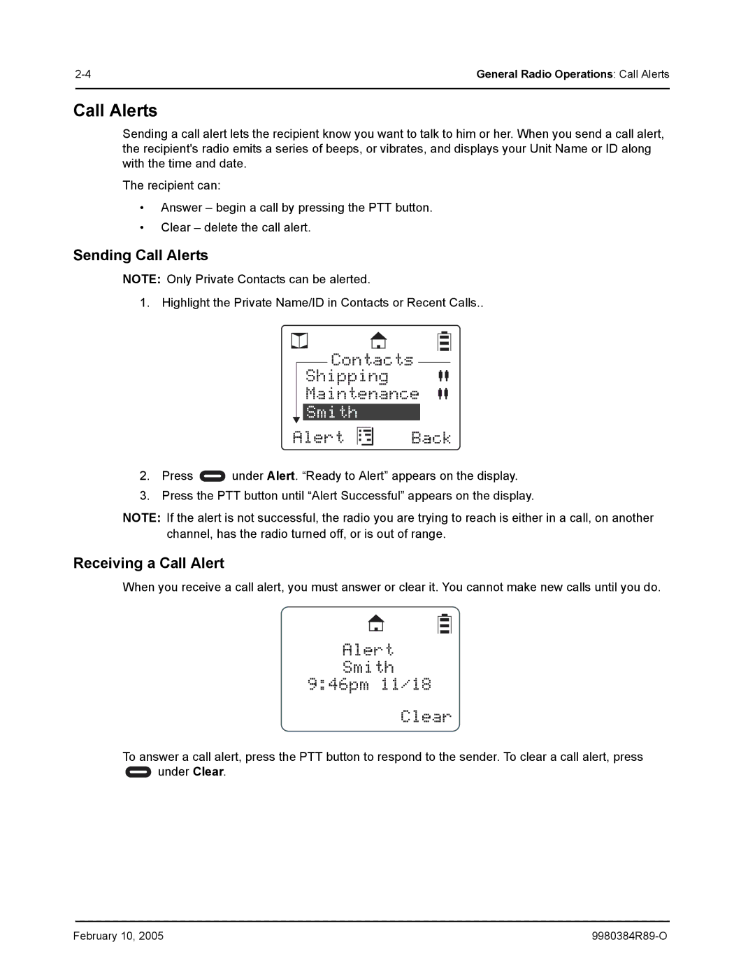 Motorola DTR550 manual Contacts Shipping Maintenance, Alert Smith 946pm 11/18 Clear, Call Alerts 