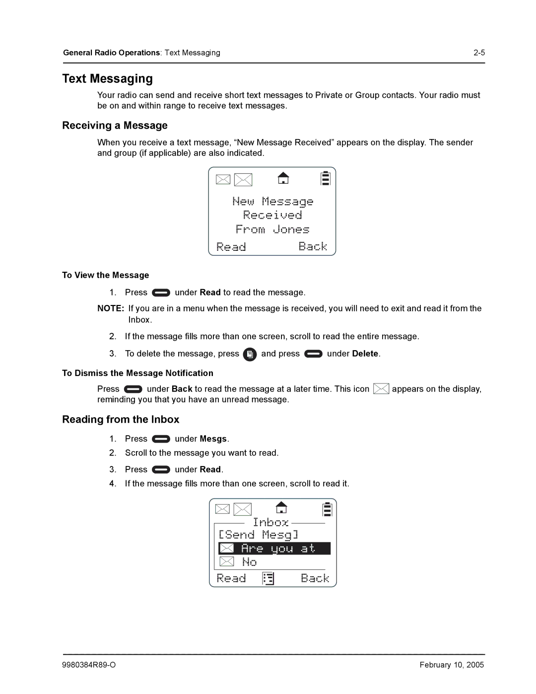 Motorola DTR550 manual New Message Received From Jones Read Back, Inbox, Send Mesg, Are you at, Text Messaging 