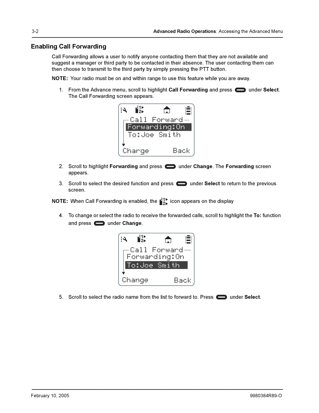 Motorola DTR550 manual ToJoe Smith Charge Back, Call Forward ForwardingOn 