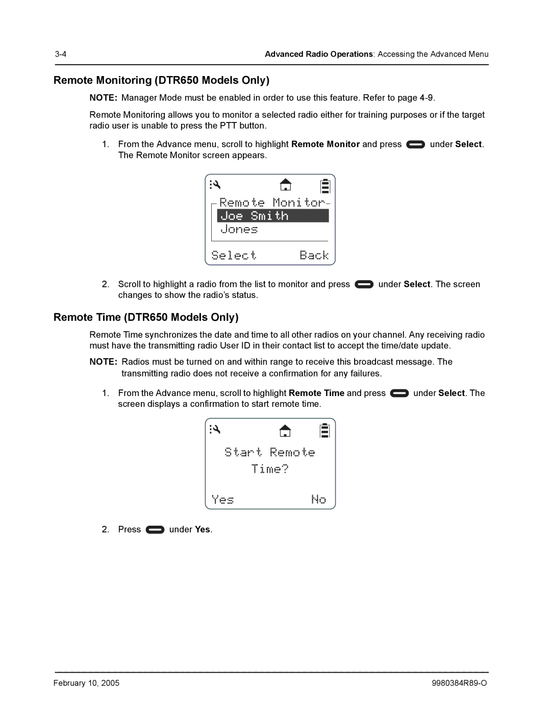 Motorola DTR550 manual Jones Select Back, Start Remote Time? YesNo, Remote Monitoring DTR650 Models Only 