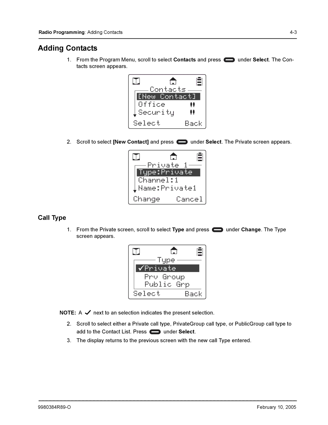 Motorola DTR550 manual New Contact, TypePrivate 