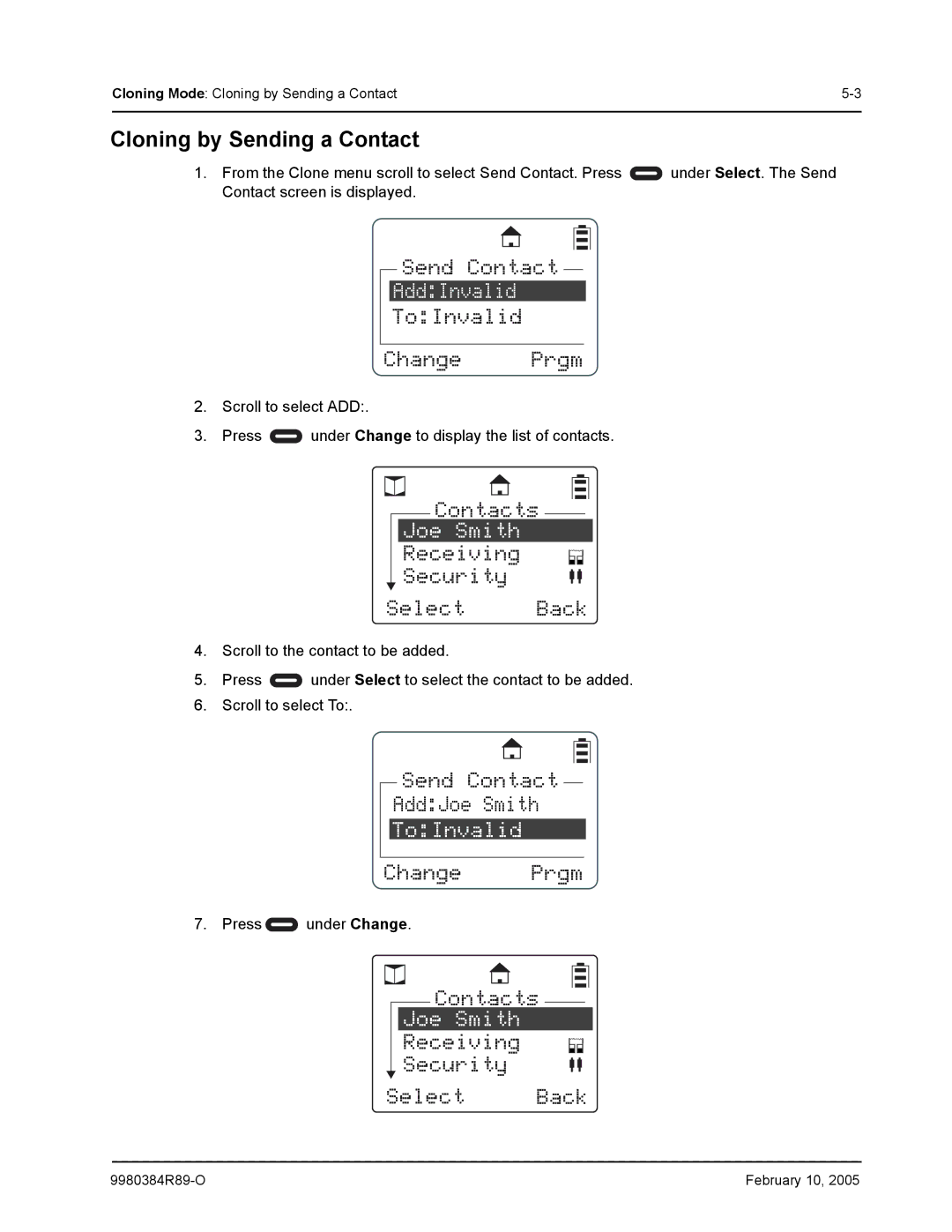 Motorola DTR550 manual Send Contact, AddInvalid, ToInvalid Change Prgm, Receiving Security Select Back 