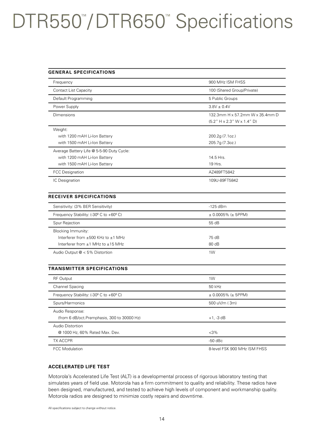 Motorola DTR550TM manual DTR550 / DTR650 Speciﬁcations, General Specifications 