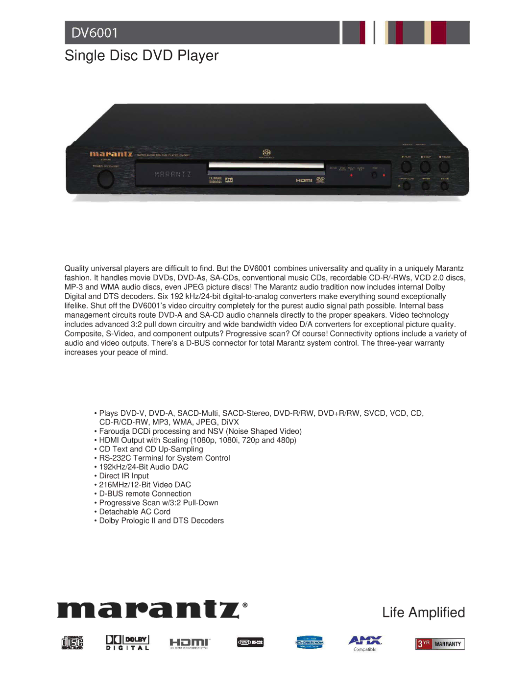 Motorola DV6001 warranty Single Disc DVD Player 