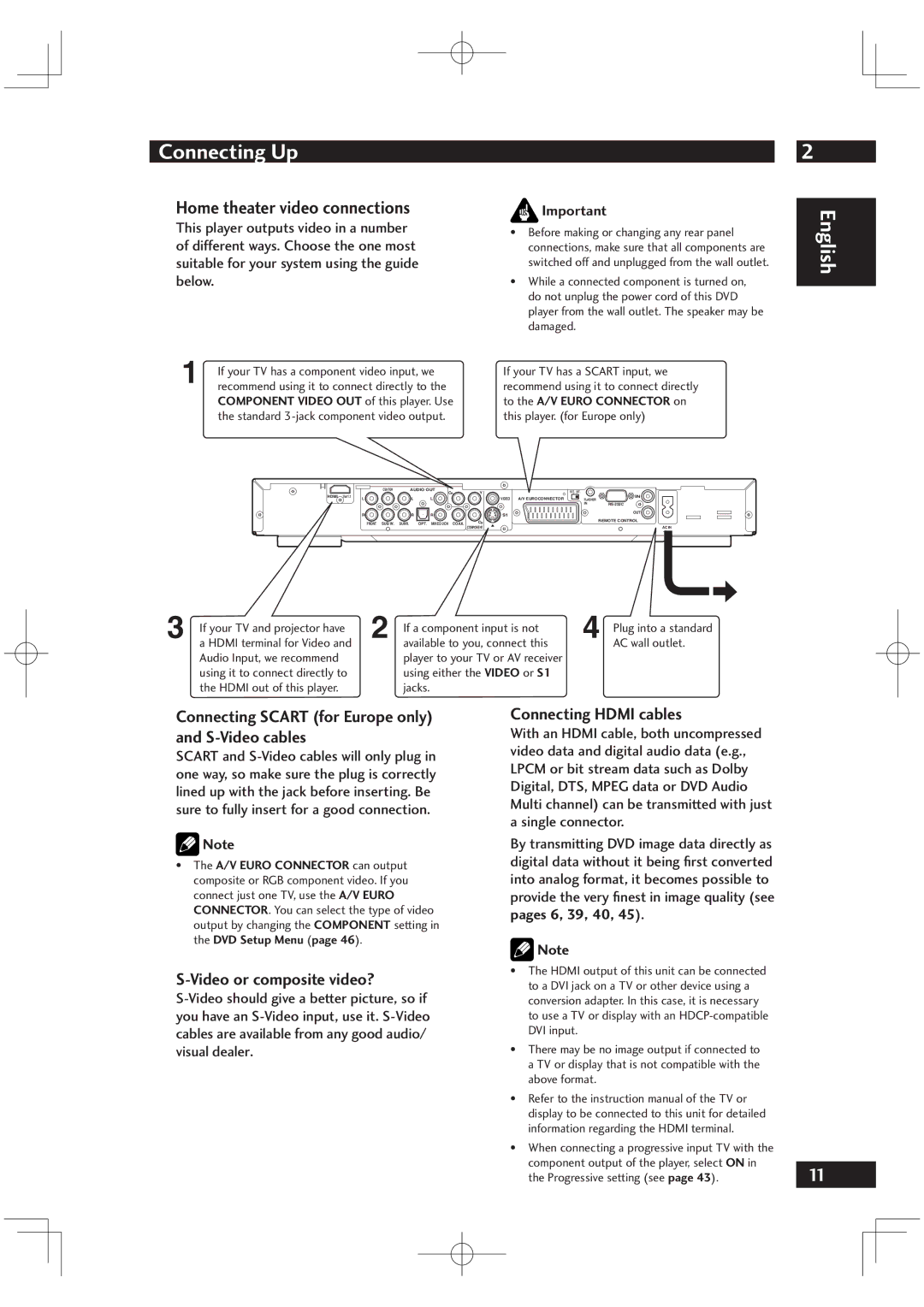 Motorola DV6001 Home theater video connections, Connecting Scart for Europe only and S-Video cables, Pages 6, 39, 40 