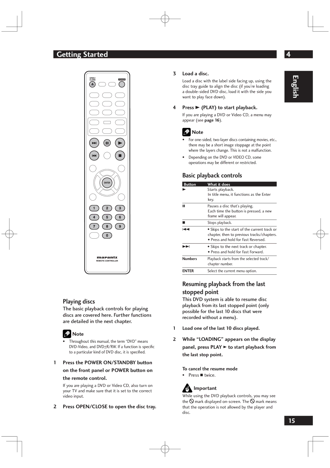 Motorola DV6001 warranty Playing discs, Basic playback controls, Resuming playback from the last stopped point 