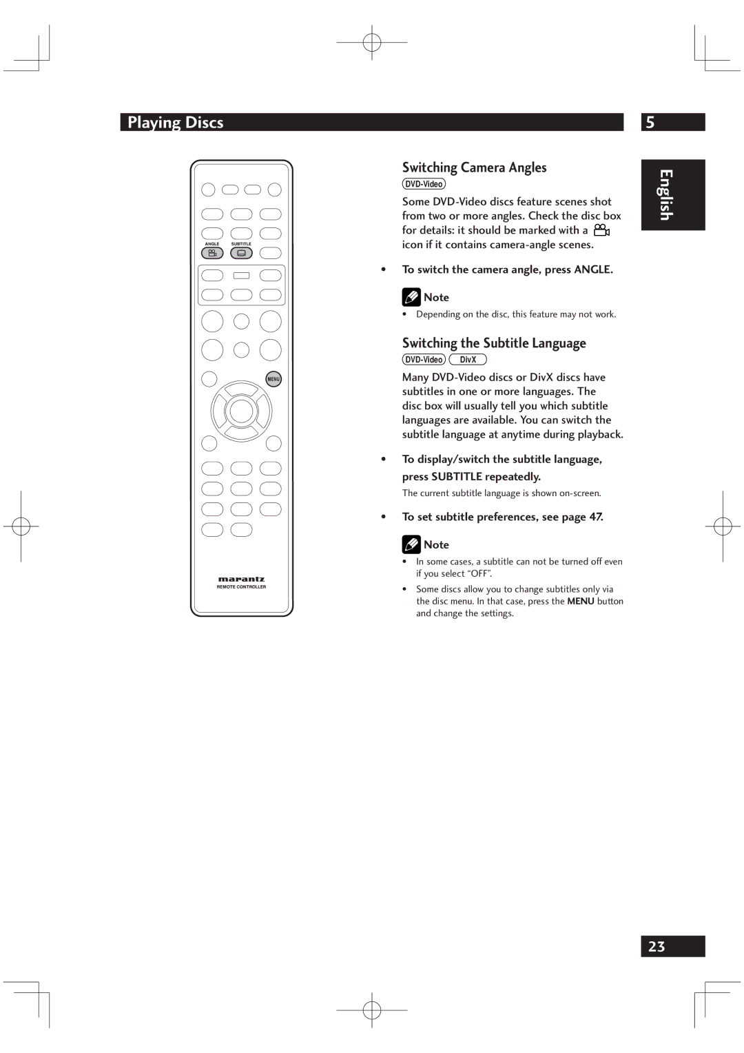 Motorola DV6001 warranty Switching Camera Angles, Switching the Subtitle Language, To switch the camera angle, press Angle 