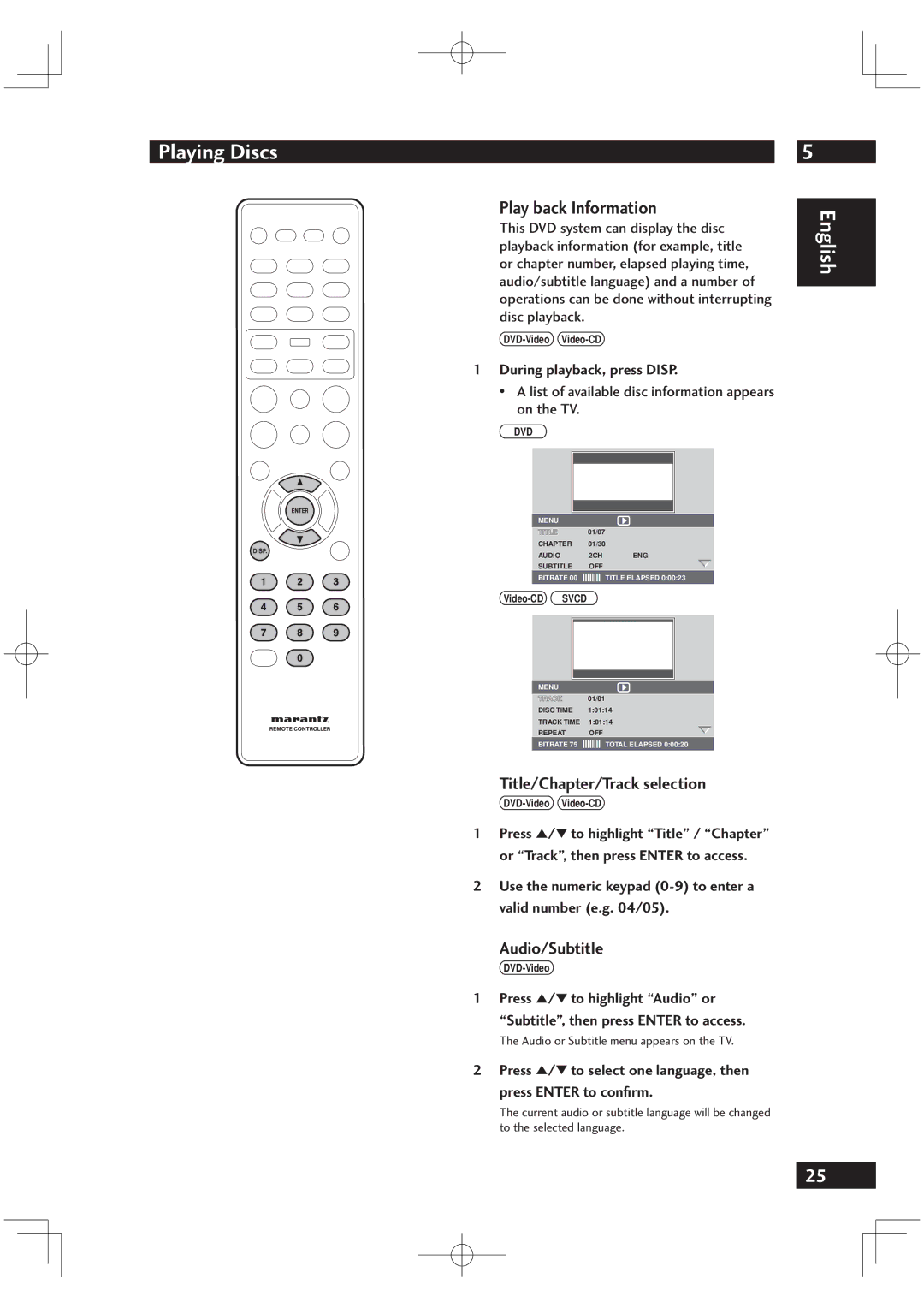 Motorola DV6001 warranty Play back Information, Title/Chapter/Track selection, Audio/Subtitle, During playback, press Disp 