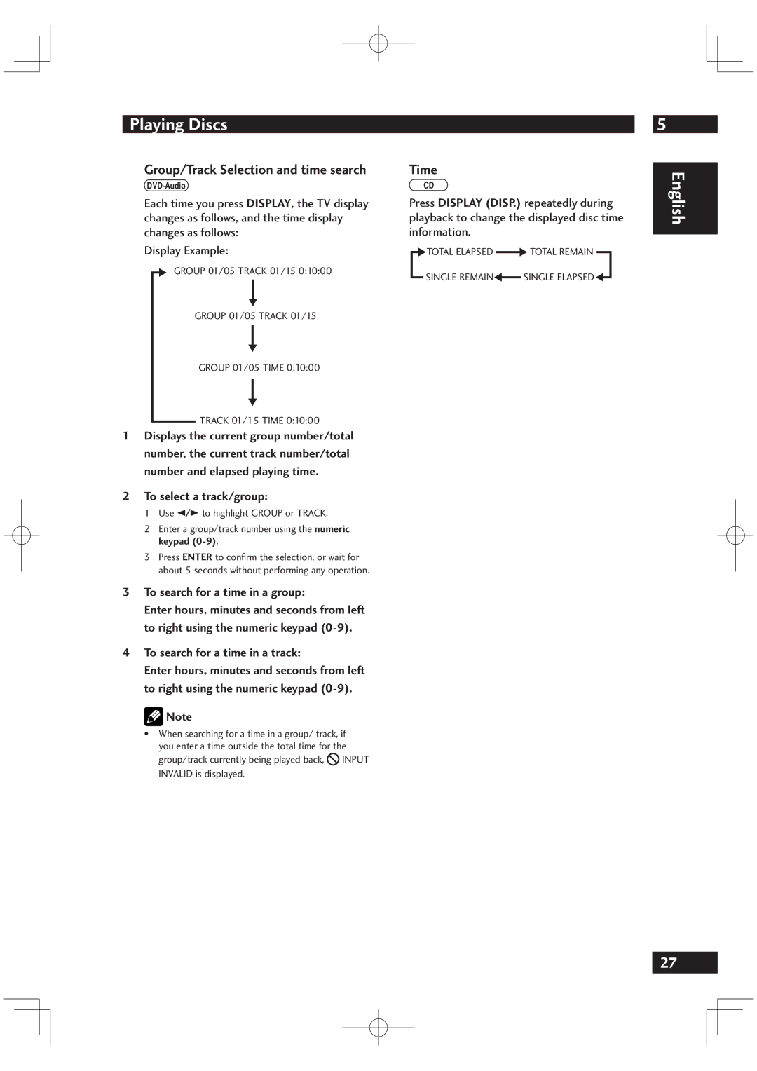 Motorola DV6001 Group/Track Selection and time search, Time, To select a track/group, To search for a time in a group 