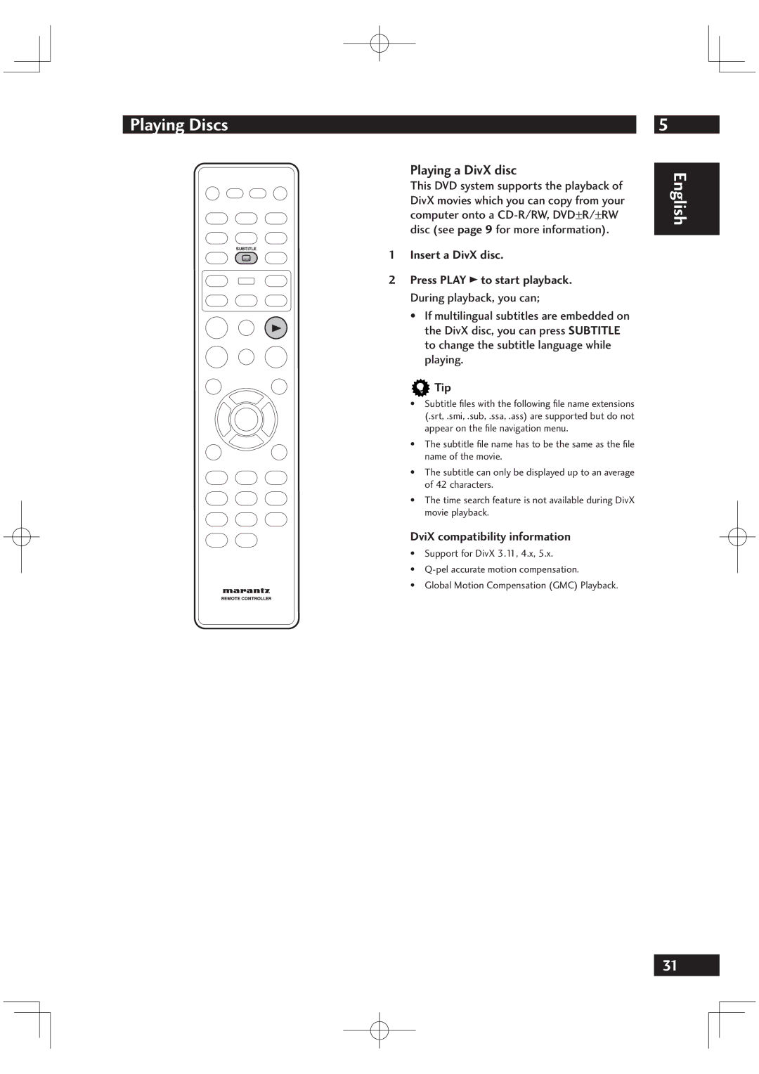 Motorola DV6001 Playing a DivX disc, Insert a DivX disc Press Play 3 to start playback, DviX compatibility information 