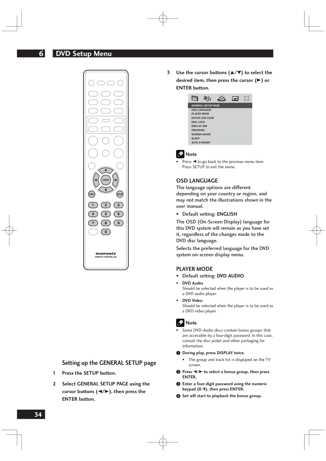 Motorola DV6001 warranty Setting up the General Setup, OSD Language, Player Mode, Press the Setup button, Enter button 