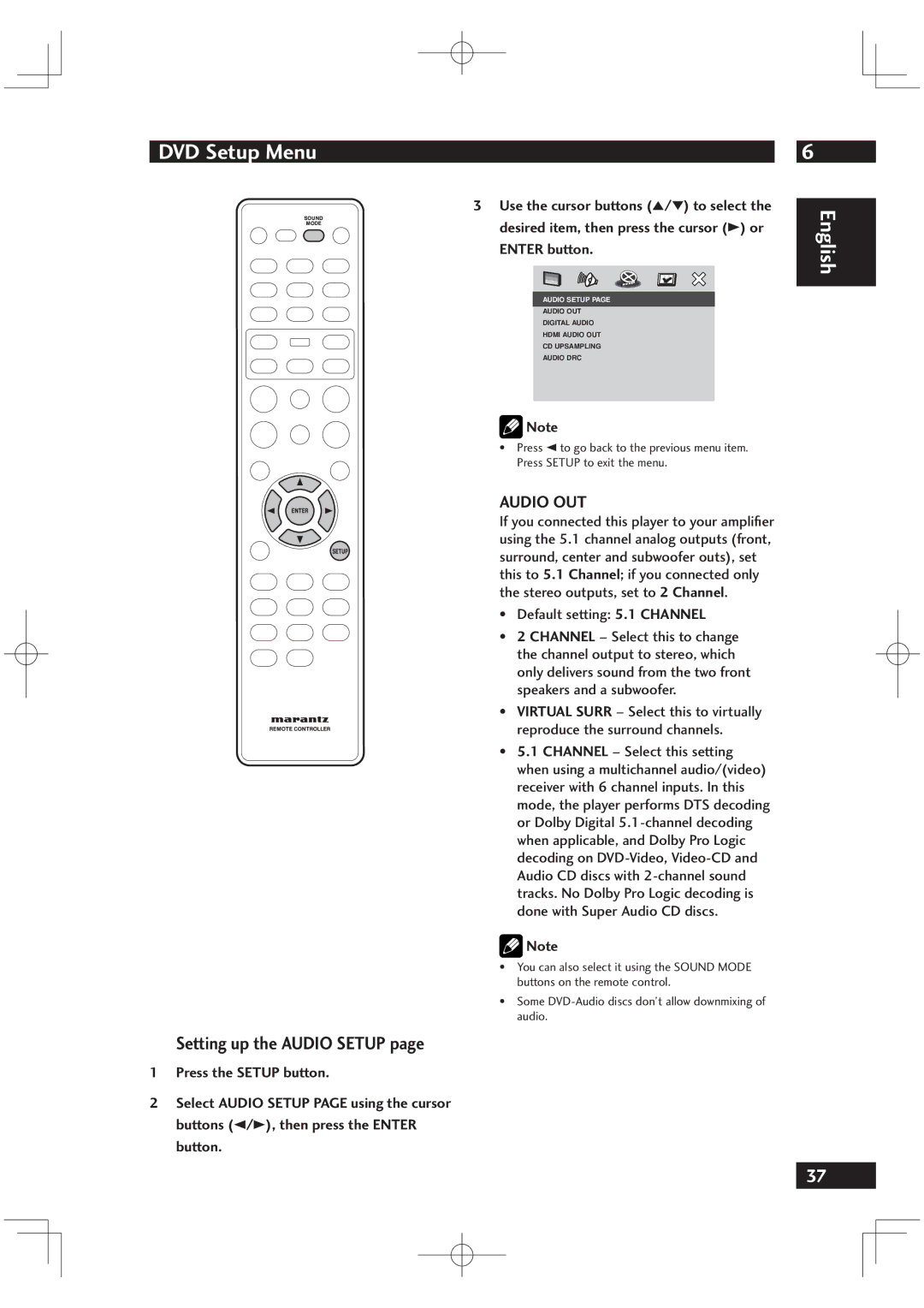 Motorola DV6001 warranty Setting up the Audio Setup, Audio OUT, Default setting 5.1 Channel 