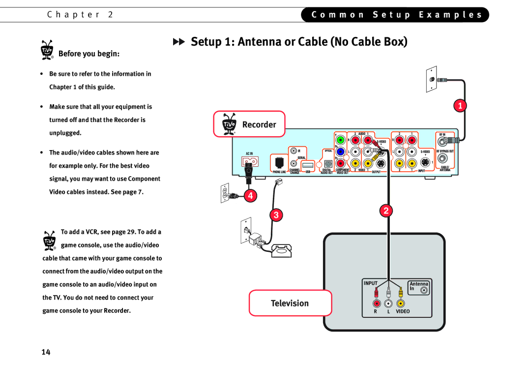 Motorola DVD operating instructions Setup 1 Antenna or Cable No Cable Box, Recorder, Television, Before you begin 