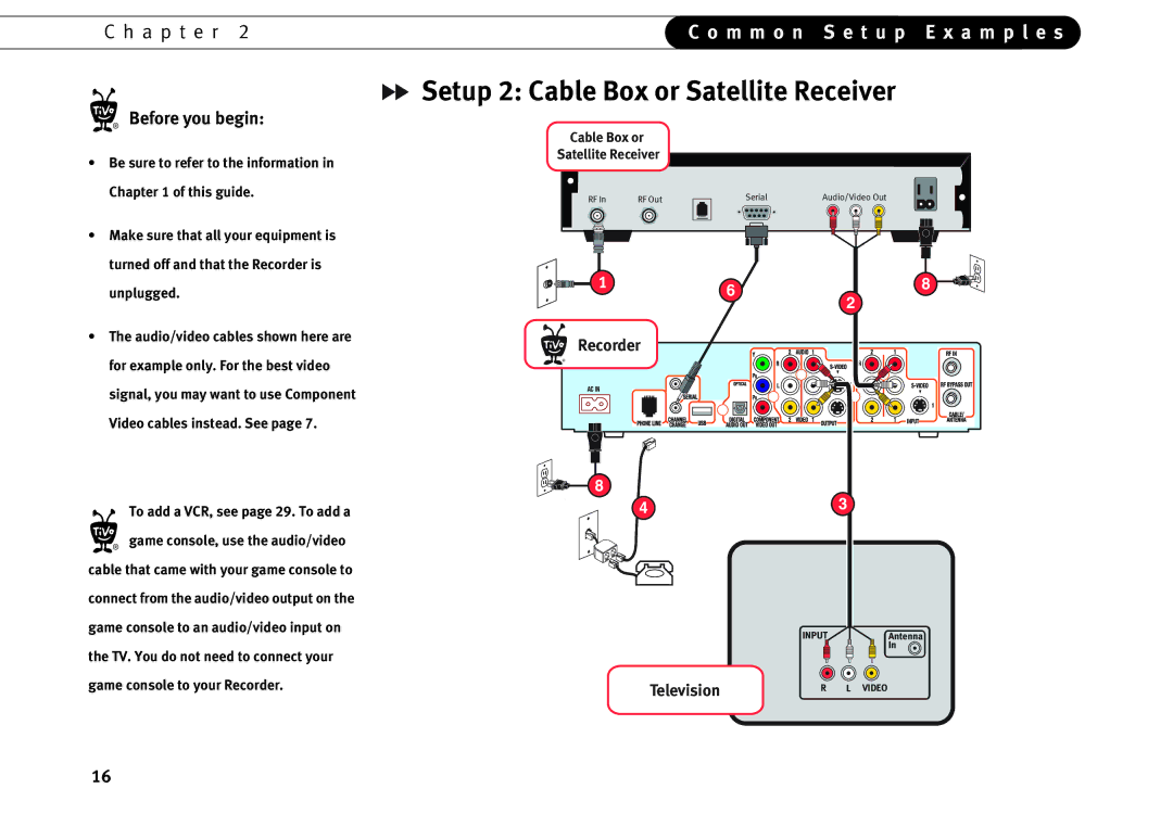 Motorola DVD operating instructions Setup 2 Cable Box or Satellite Receiver 