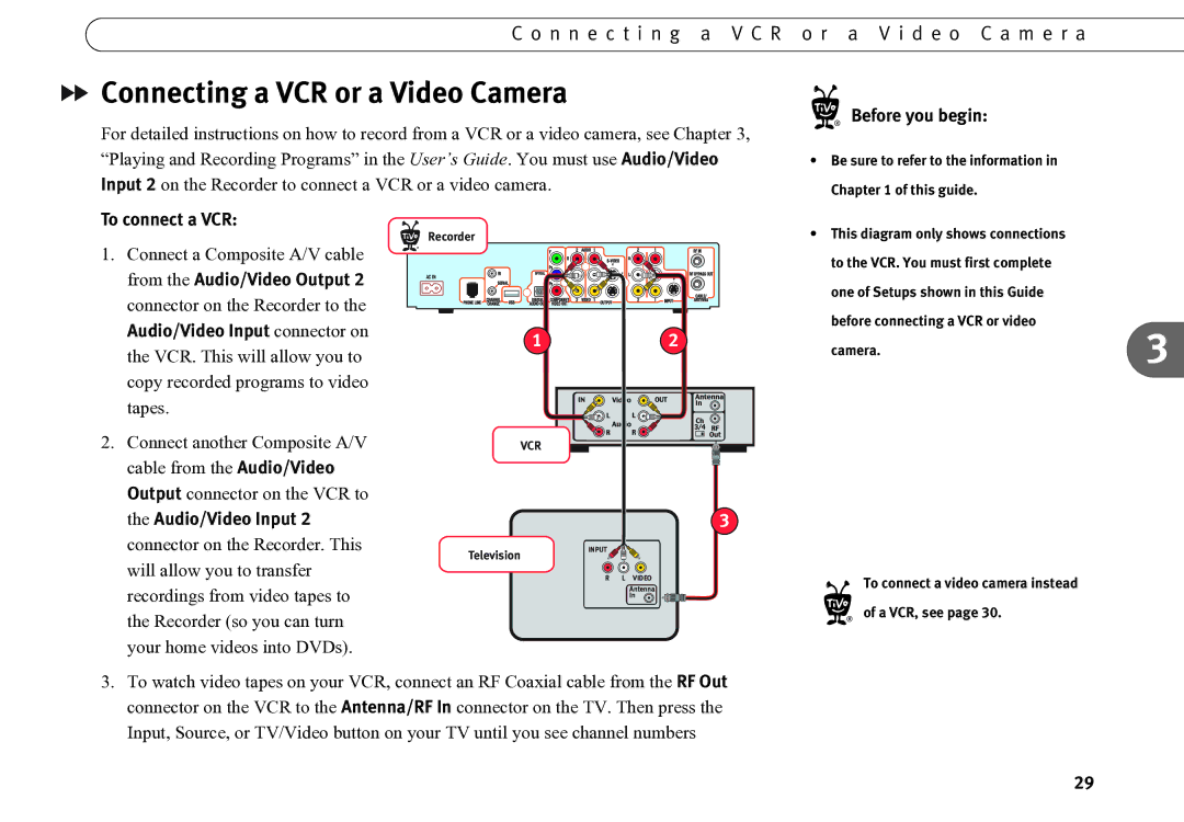 Motorola DVD operating instructions Connecting a VCR or a Video Camera, To connect a VCR Before you begin 