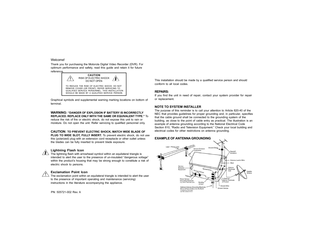 Motorola DVR530 manual Welcome, PN 505721-002 Rev. a 