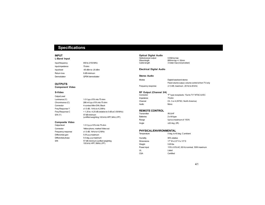 Motorola DVR530 manual Specifications 