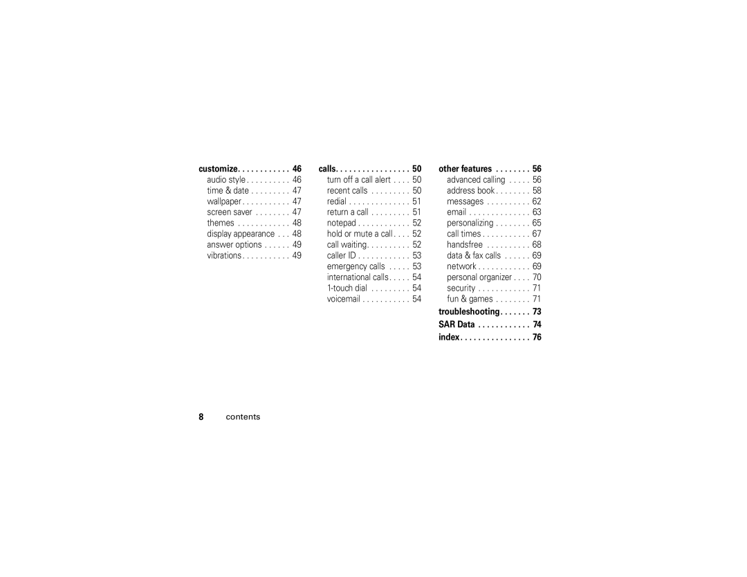 Motorola E1 user manual Customize, Calls, Other features, Troubleshooting SAR Data index 