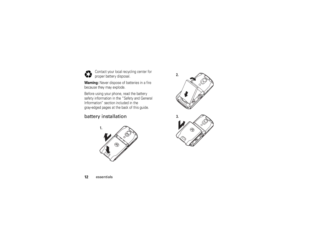 Motorola E1 user manual Battery installation 