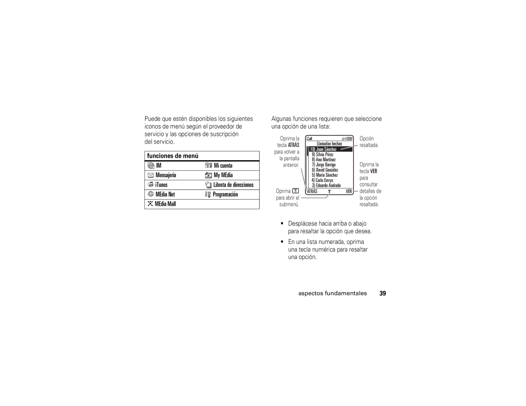 Motorola E1 user manual Mi cuenta, Mensajería My MEdia ITunes, MEdia Net Programación $ MEdia Mall, Funciones de menú 