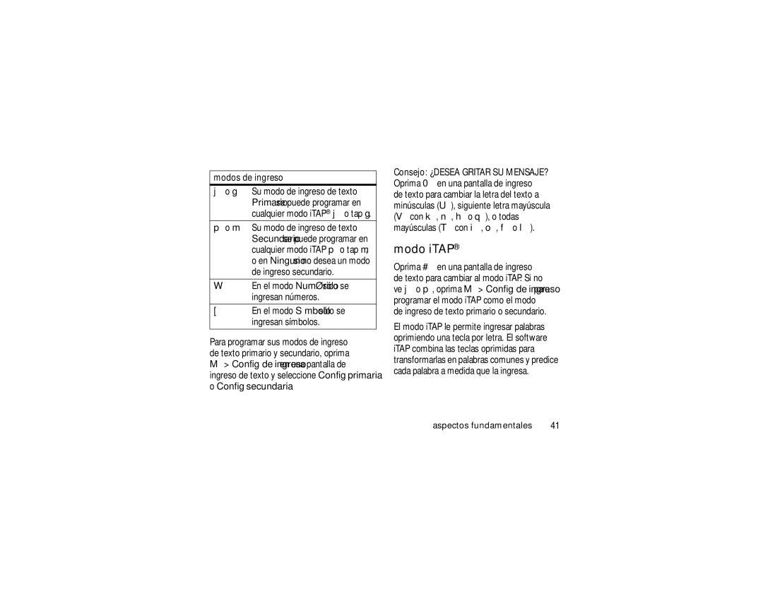 Motorola E1 user manual Modo iTAP, Config secundaria, Modos de ingreso, Ingresan símbolos 