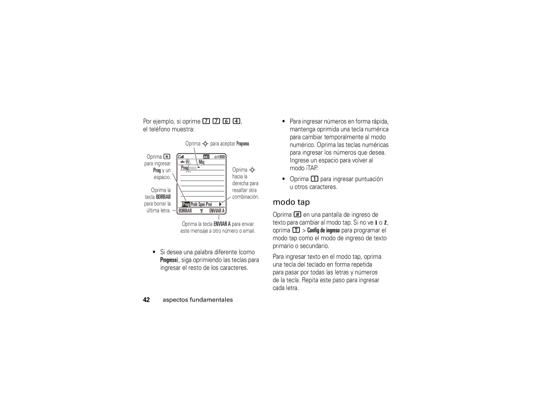 Motorola E1 user manual Modo tap, Prog y un 