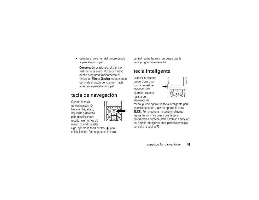 Motorola E1 user manual Tecla de navegación, Tecla inteligente 