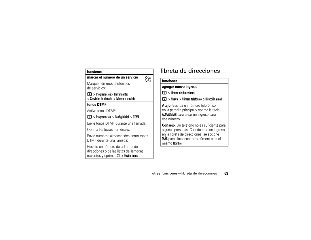 Motorola E1 user manual Libreta de direcciones, Programación Config inicial Dtmf, Otras funciones-libreta de direcciones 