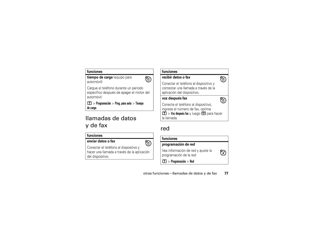 Motorola E1 user manual Llamadas de datos y de fax, Programación Prog. para auto Tiempo de carga, Programación Red 