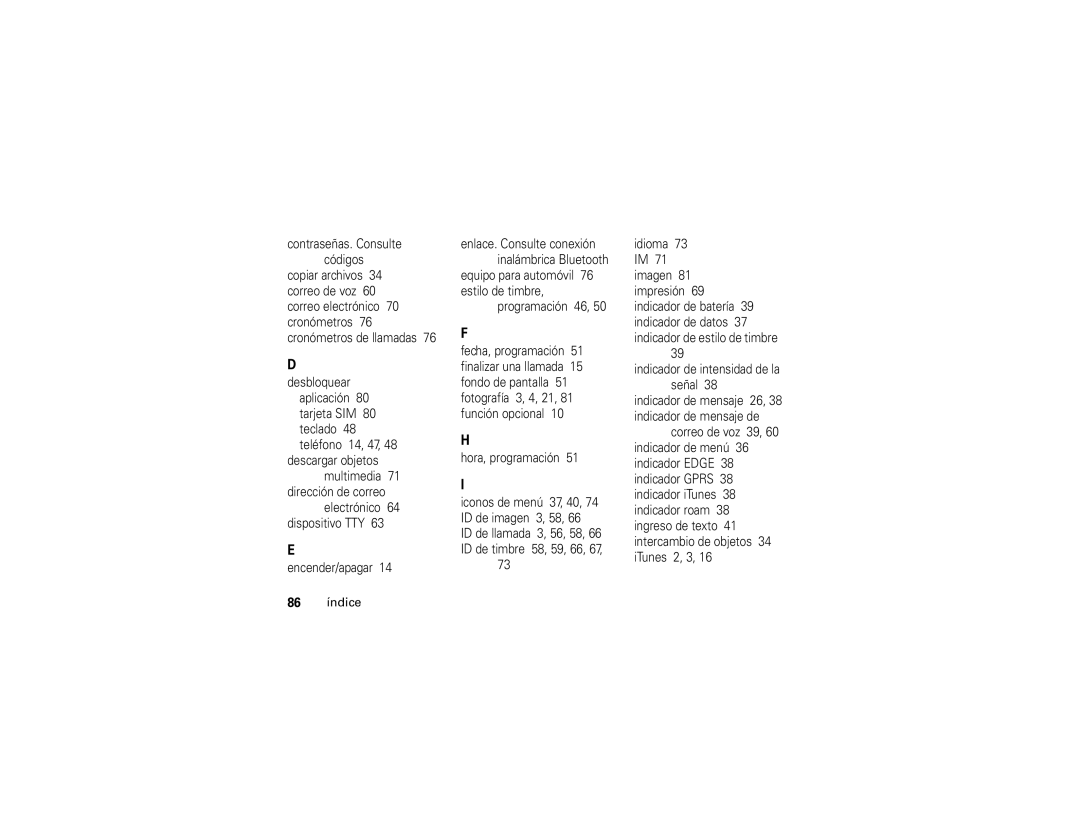 Motorola E1 user manual 86 índice 