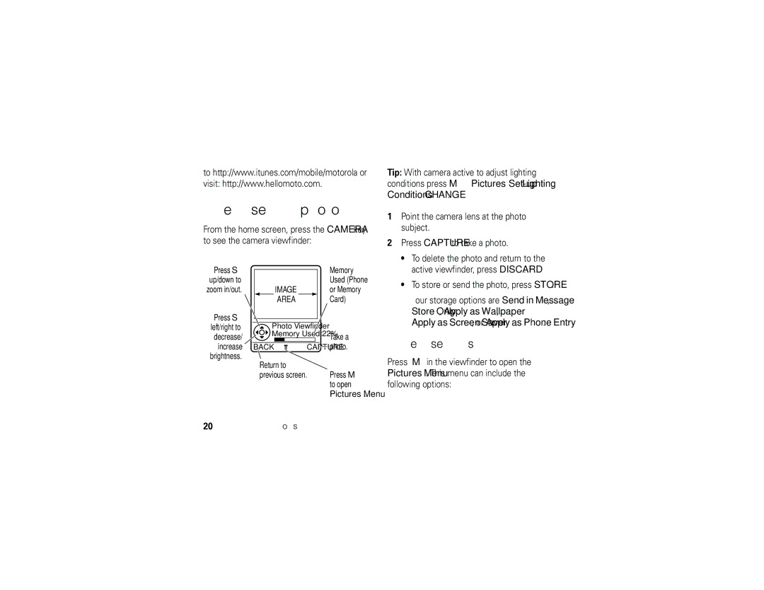 Motorola E1 user manual Take & send a photo, Camera settings, Store Only, Apply as Wallpaper 